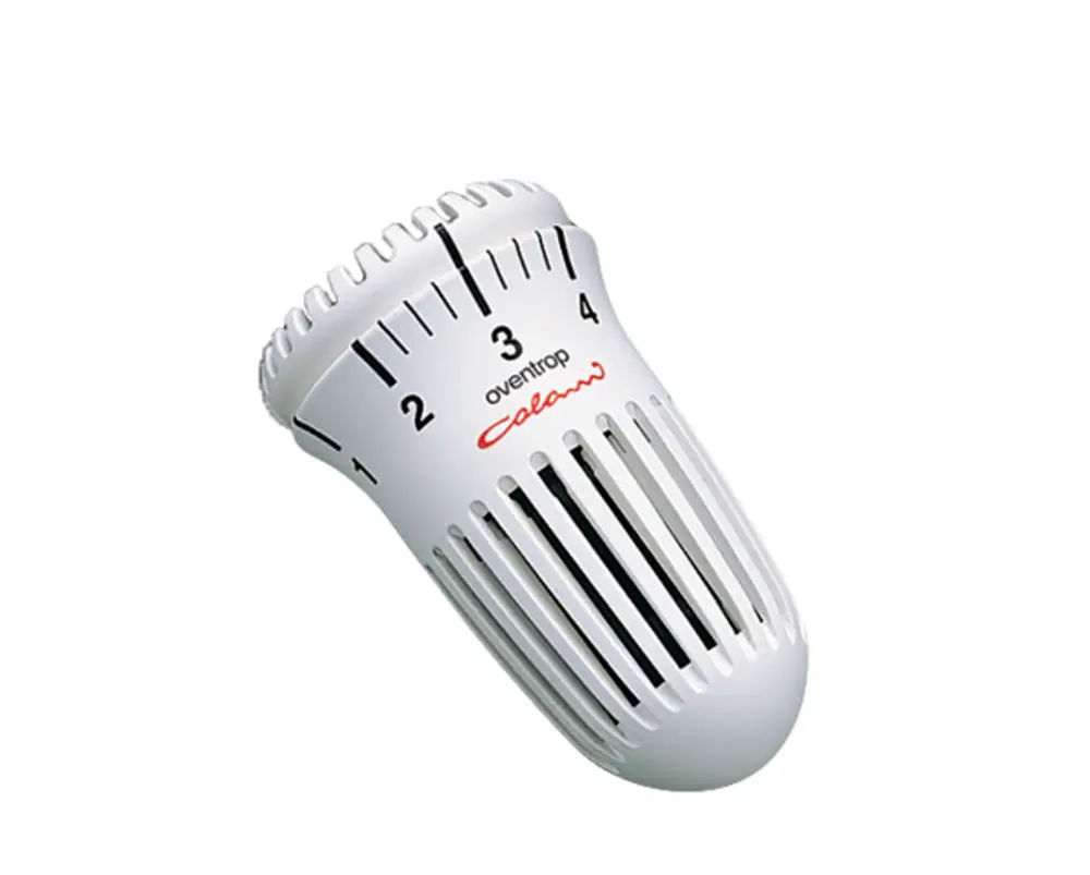 Weißer Thermostat mit runder Form und Skala von 1 bis 5. Beschriftung und Logo von Oventrop sind sichtbar. Geeignet für Heizungssteuerung.
